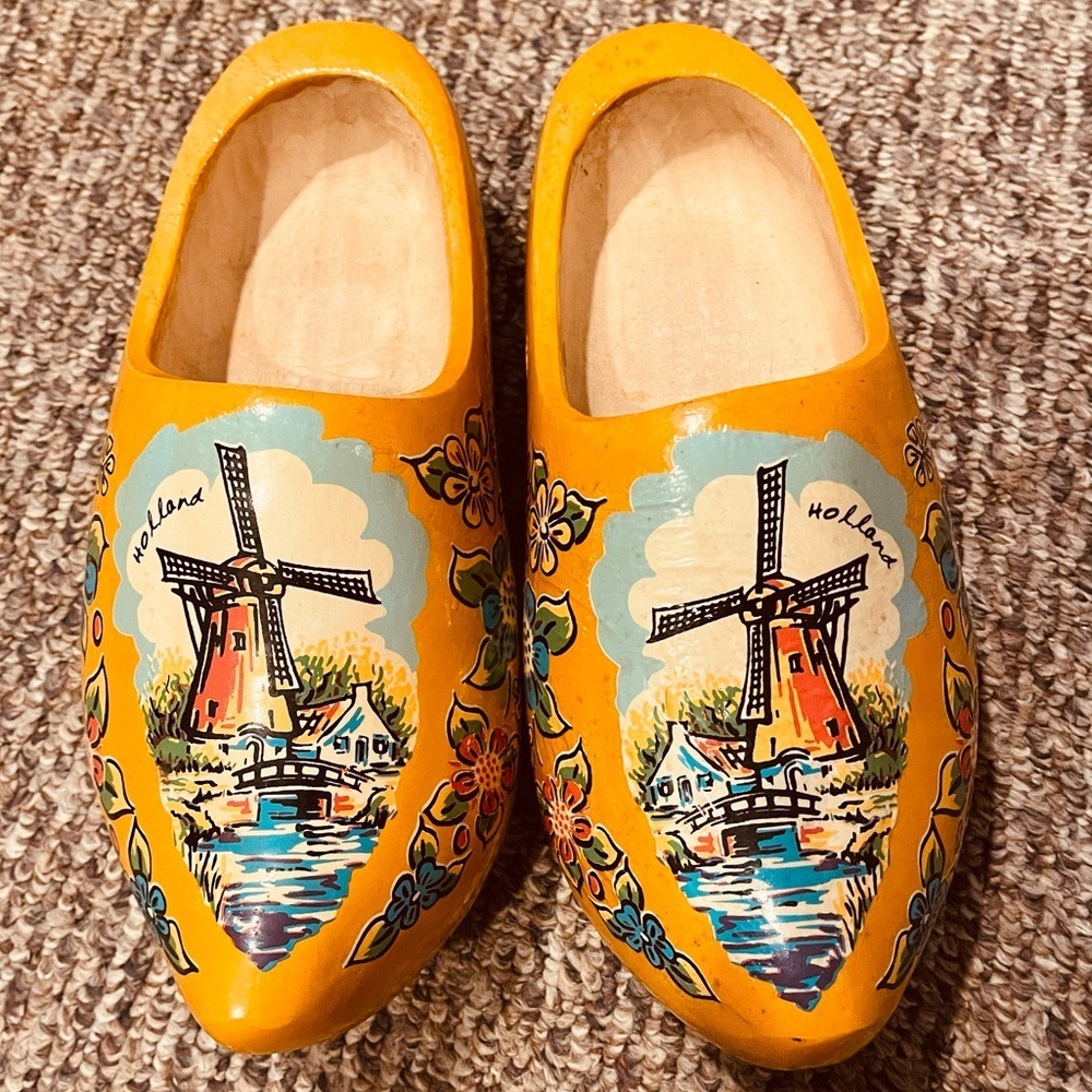 Real Wood Authentic Hand Carved & Painted Yellow Dutch Clogs For Display or Wear